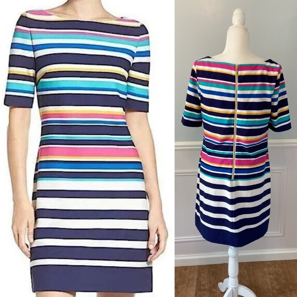 Eliza J Striped Shift Midi Dress Half Sleeve Lined Multi Colored Size 12 Career